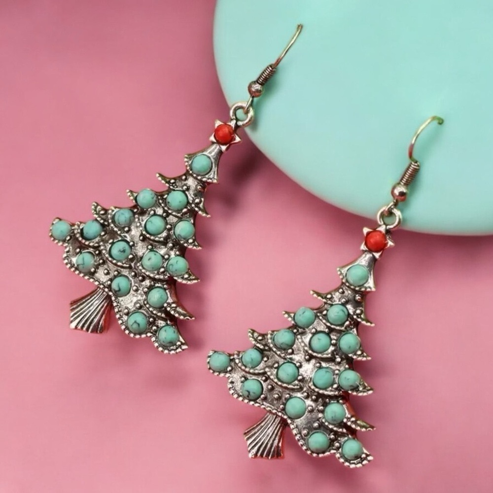 Silver Boho Chic Christmas Tree Turquoise Inlaid Holiday Dangle Earrings New - Picture 2 of 5